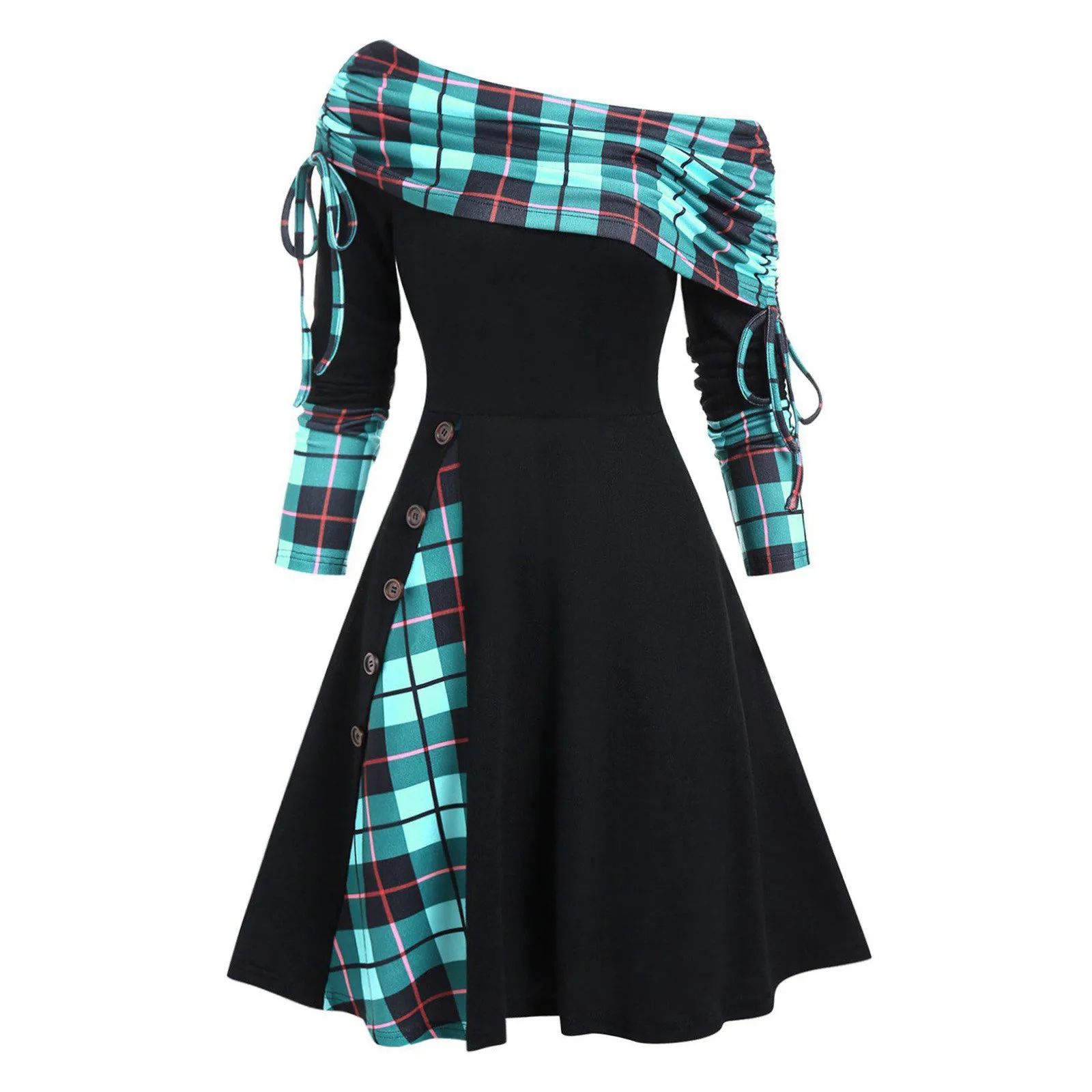 Convertible Neck Cinched Plaid Color Blocking Flare A Line Dress Long Sleeve Dress For Women Fashion Casual Button Mini Skirt