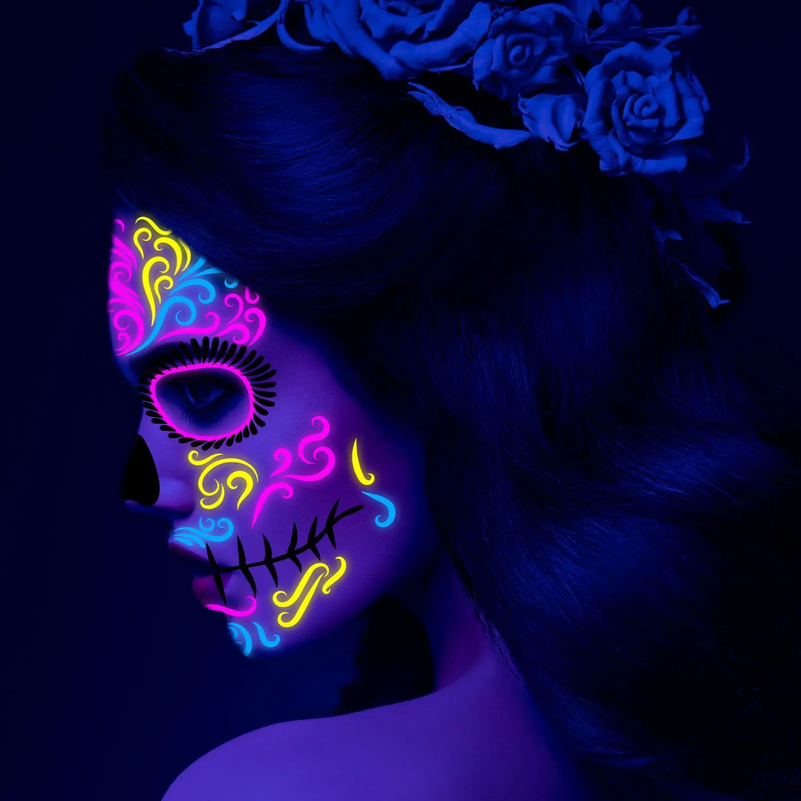 Day of The Dead Fluorescent Temporary Face Tattoos Glow in Dark Skull Stickers Halloween Neon Party Cosplay Makeup Props