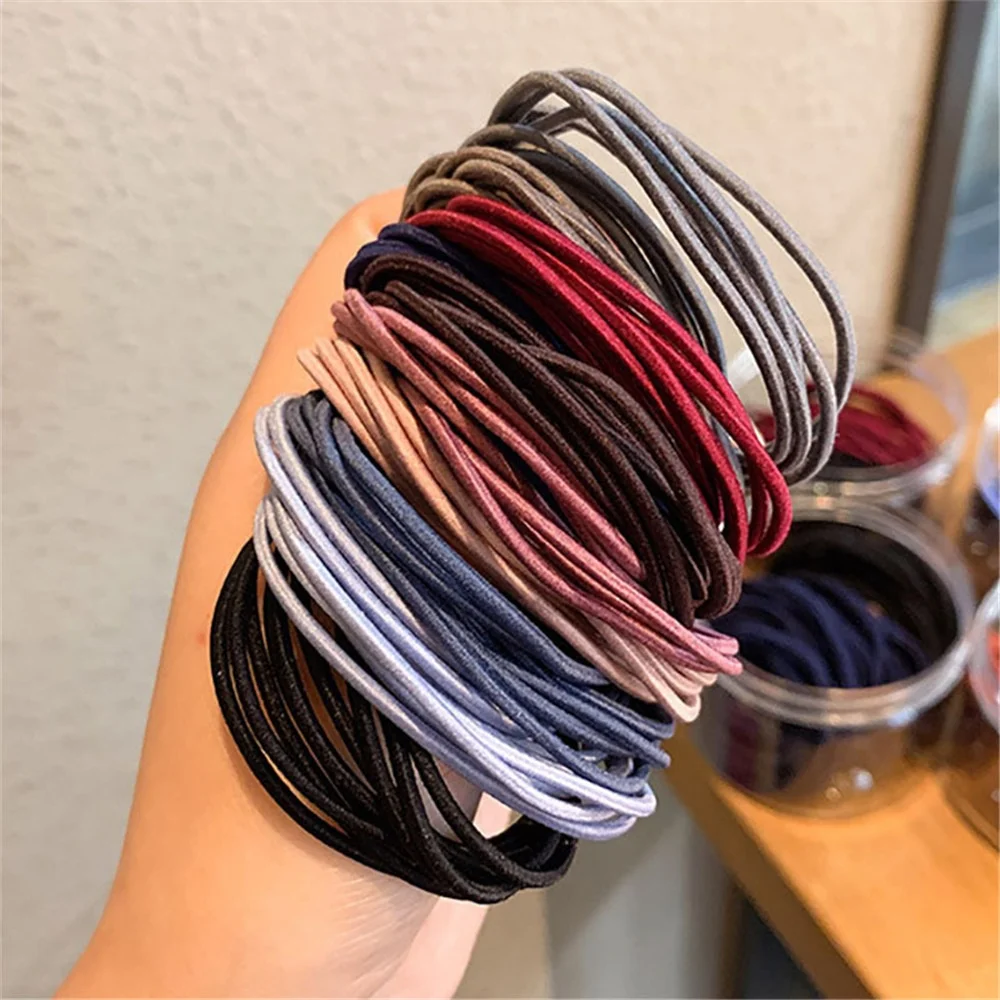 100pcs 2mm Thick Super Fine Colourful Headbands High Elasticity Basic Base Base Hair Bands Kids Hair Ties Rubber Bands Leather