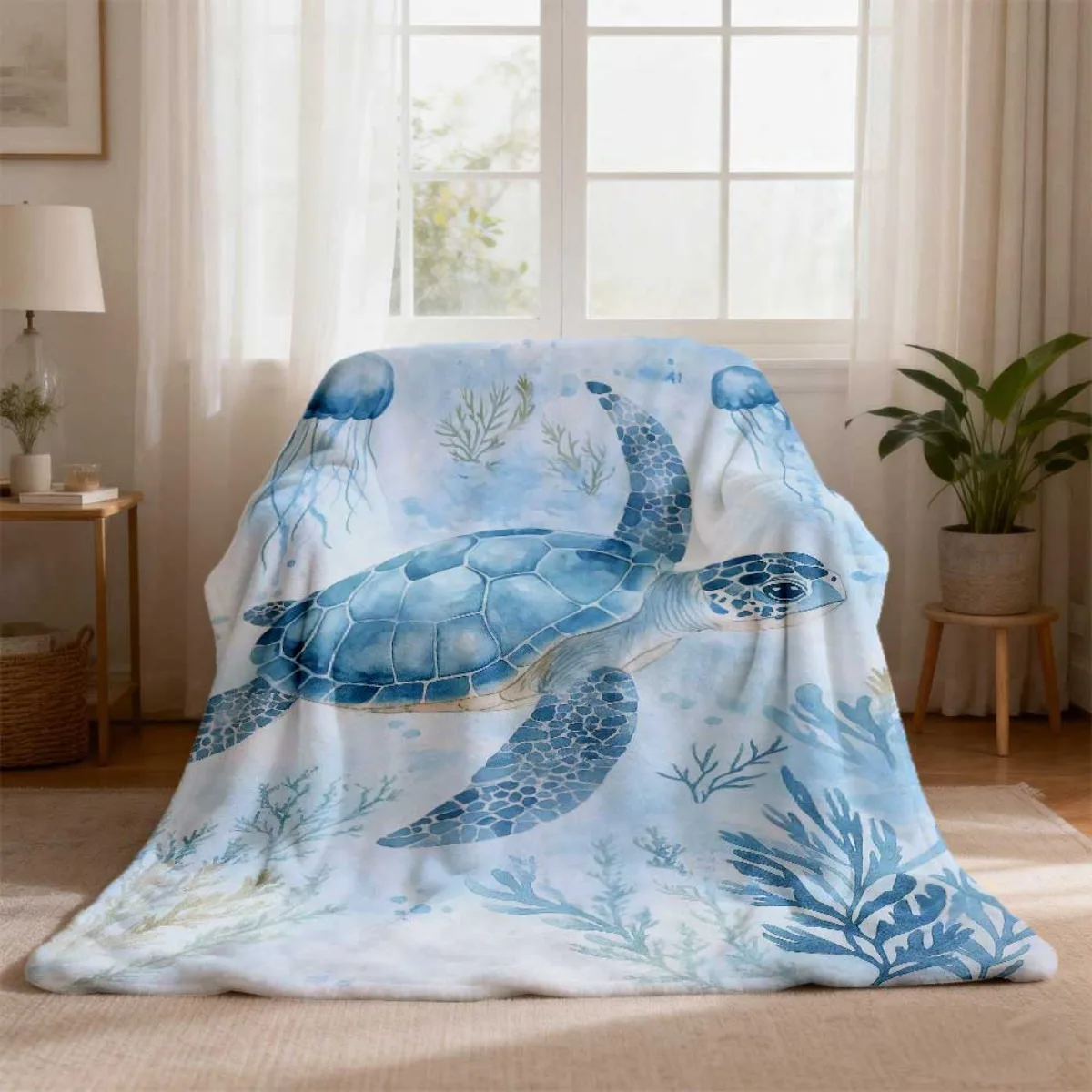 Watercolor Blue Sea Turtle Jellyfish Seaweed White Background Print Flannel Blanket Soft Throw For Sofa Bedroom Daily Home Warm