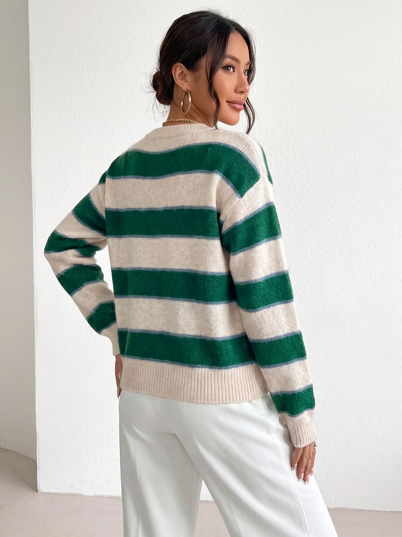 Women Knit Sweater Autumn Winter Round Neck Striped Regular Sleeve Regular Fit Long Sleeve Green Beige Pullover Knitwear