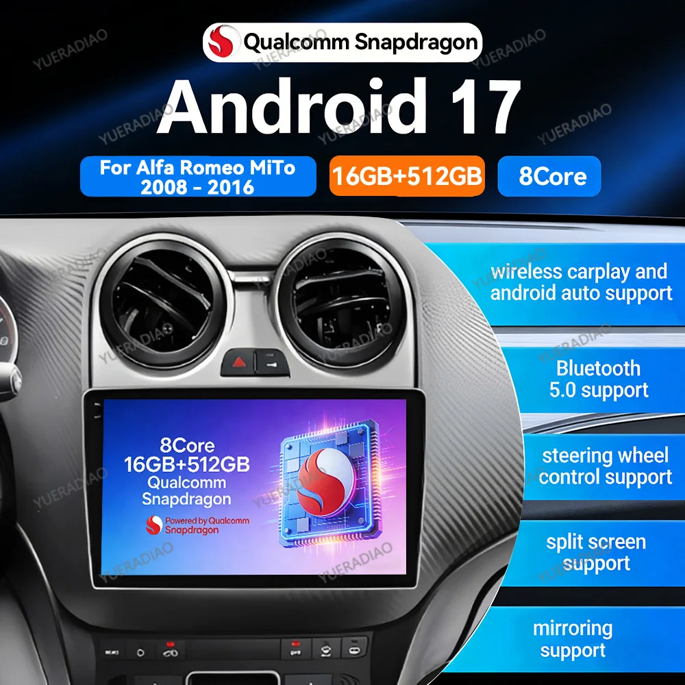 Android 17 Car Radio For Alfa Romeo MiTo 955 2008 - 2016 Qualcomm BT Multimedia Video Player GPS NAVI QLED 4G WIFI 2DIN LTE 5G