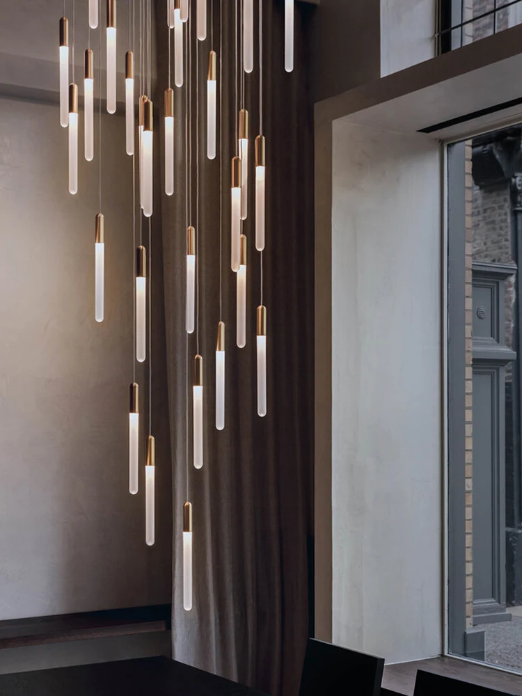 LED Pillar Chandelier Modern Minimalist Gold Living Room Pendant Lamp Villa Restaurant Pendant Lamp Long Staircase Chandelier