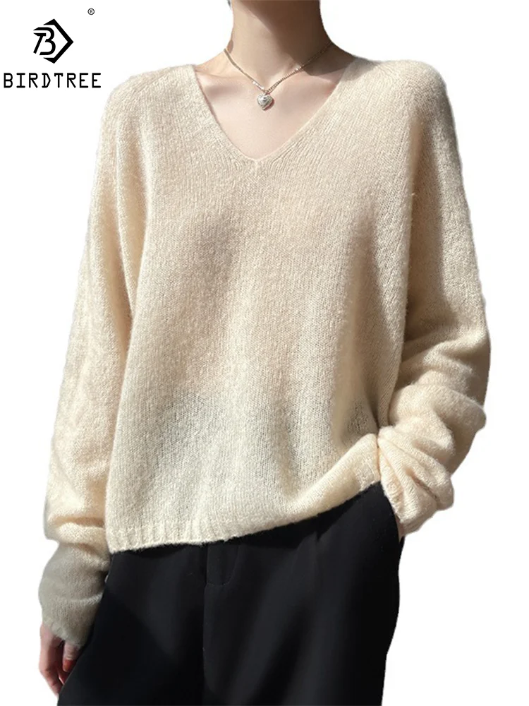 

BirdTree, 77%Cashmere 23% Silk Elegant Sweaters, Women Long Sleeve V Neck, Commute Loose Knitwear, 2024 Autumn New Top T47162QM