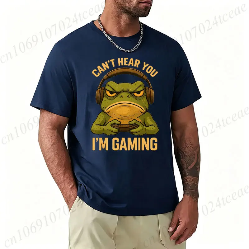 Men Funny Frog Gamer Graphic T‑Shirt Can't Hear You I'm Gaming Headset Game Controller Print Casual Tees Gaming Lover Gift Tops