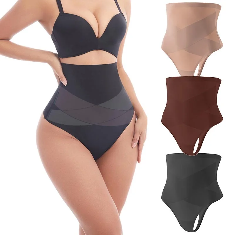 Large size high waisted shapewear thong with no trace cinched waist waistband and lifted buttocks sexy X-shaped reinforced