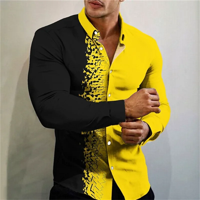 

2023 men's T-shirt suit button shirt half splicing trend new geometric flower clear pattern soft and comfortable shirt clothing