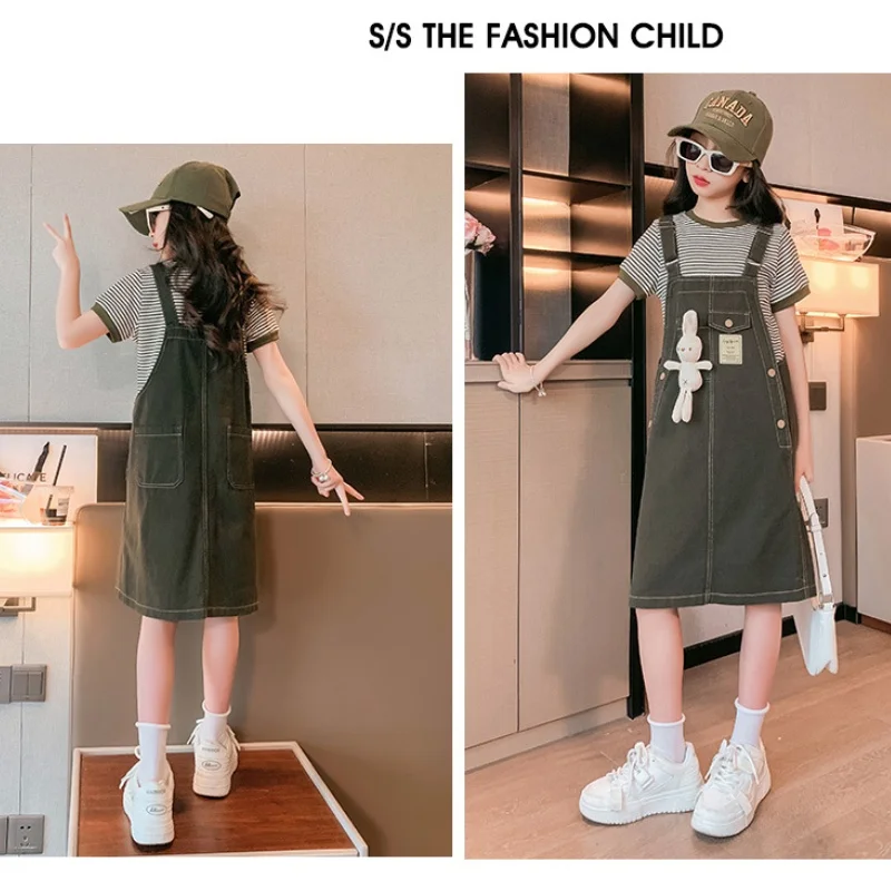 2024 Summer Girls Sundress Skirt Suits Children T-shirt Cotton Suspender Dress 2Pcs sets Teen Girl Kids Straps Clothing Overalls