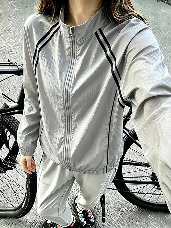 

Gray Ice Silk Stand Collar Mesh Breathable Sun Protection Clothing Men Women Summer Stripe Quick Dry Cycling Outfit Fashionable