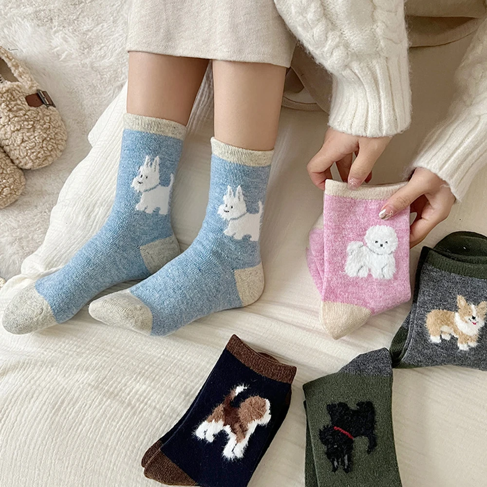 Cute Simple Socks Cartoon Dog Pattern Fashion Thickened Cotton Winter Casual Soft Warm Middle Tube Wool Socks for Women Girl