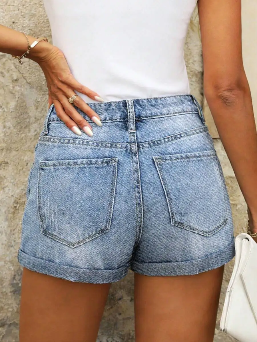 Casual Women Denim Bermuda Shorts With Ripped Details Pockets Zipper Fly view 3