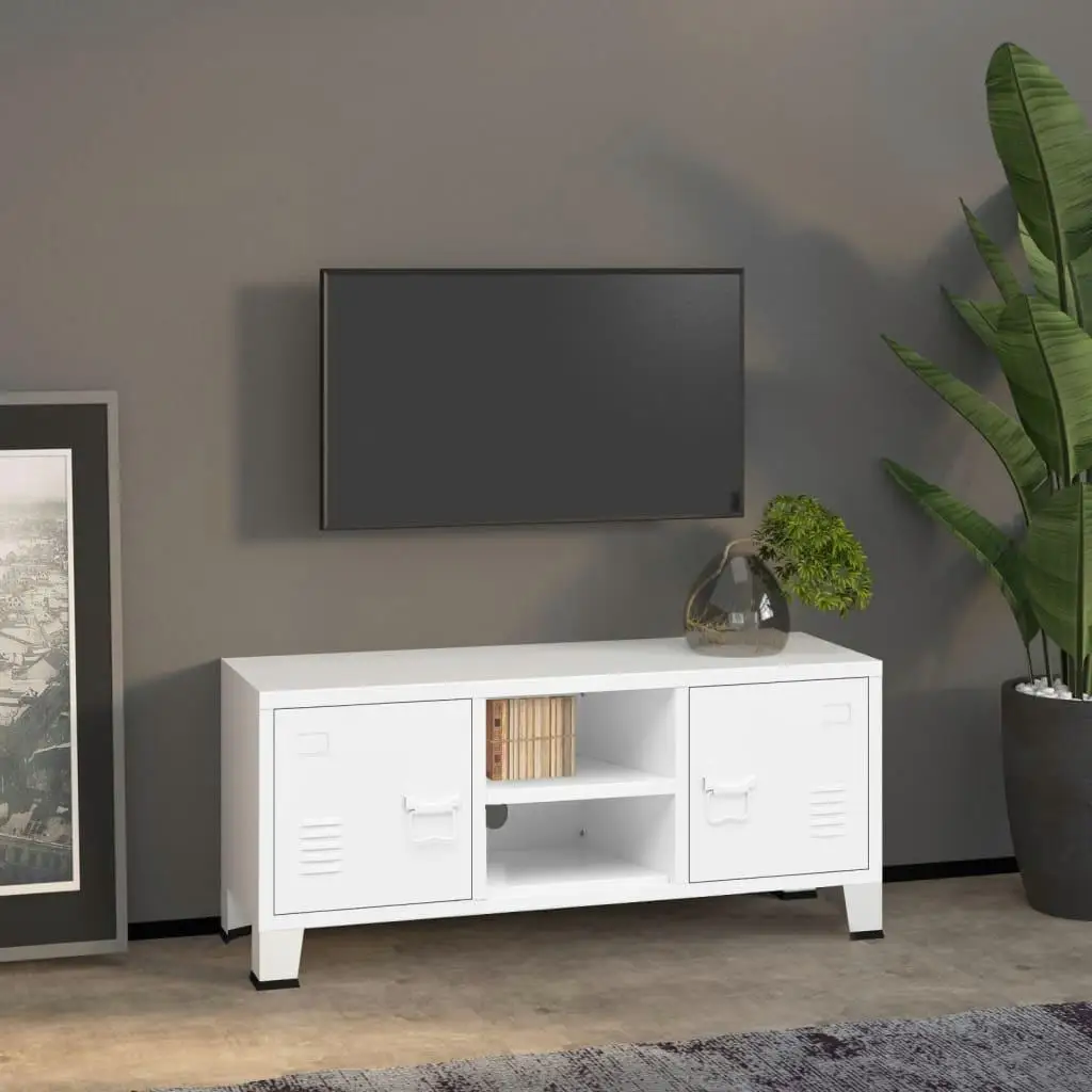 Modern White Metal TV Cabinet 105x35x42 cm - Stylish Industrial Entertainment Center