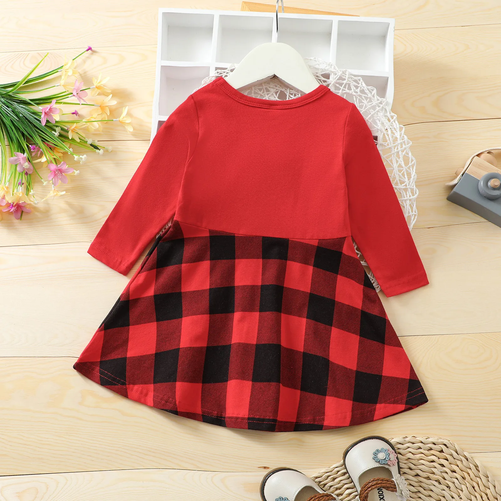 Christmas Autumn New Style 1-4 Year Old Girl Baby Fashionable Sweet Round Neck Red Pit Strip Long-Sleeved Plaid Dress 2025