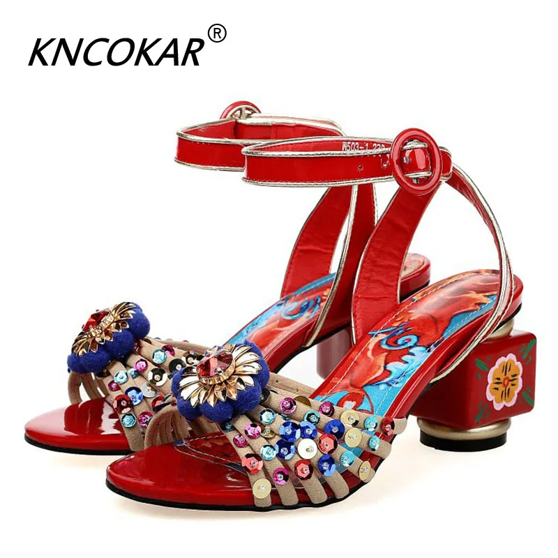 Bohemia Print Floral Chunky Heel Sandalias Female Blue Red Prom Wedding Shoes Woman Ankle Strap Sequins Rhinestone Sandals