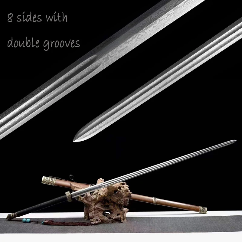 56inch length Two-Handed Chinese Sword, Martial Article Kungfu, Forged Damascus Steel, Diamond Blade, Log Rose Wood Scabbard