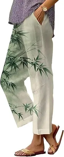 

Women's Floral Cropped Summer Comfortable Elasticated Waist Straight Wide Leg Casual Beach Pants Breathable Women's Trousers