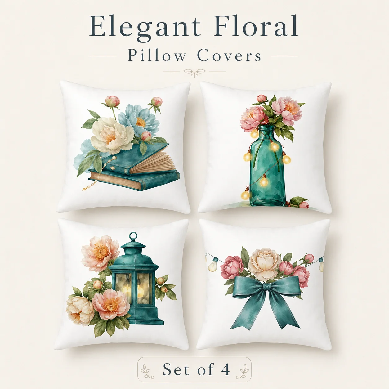 

4 Pcs Watercolor Flower Pillowcases 2D Flat Printed Peach Skin Ins Style Ribbon Bow Cushion Cover For Cozy Room Sofa Decor
