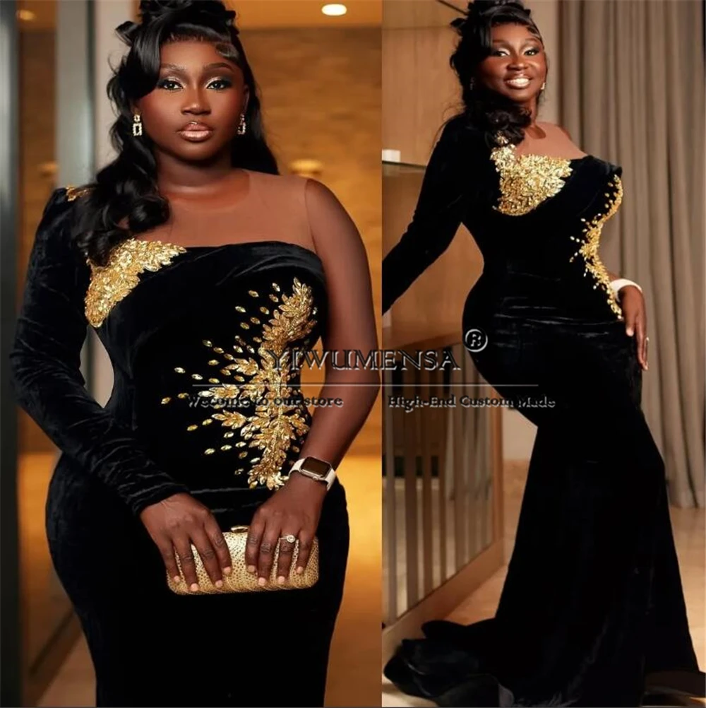

Customized Black Velvet Mermaid Prom Dresses For Bride Customized One Shoulder Long Sleeves Beads Stones Evening Gowns Plus Size
