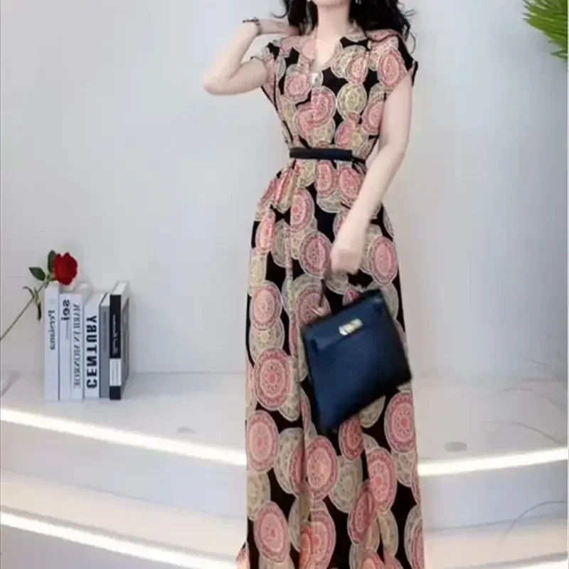 แฟชั่นดอกไม้พิมพ์ชุดยาวผู้หญิงลําลองหลวมชายหาดบางชุดเอวสูง LACE-Up เสื้อผ้าหญิง