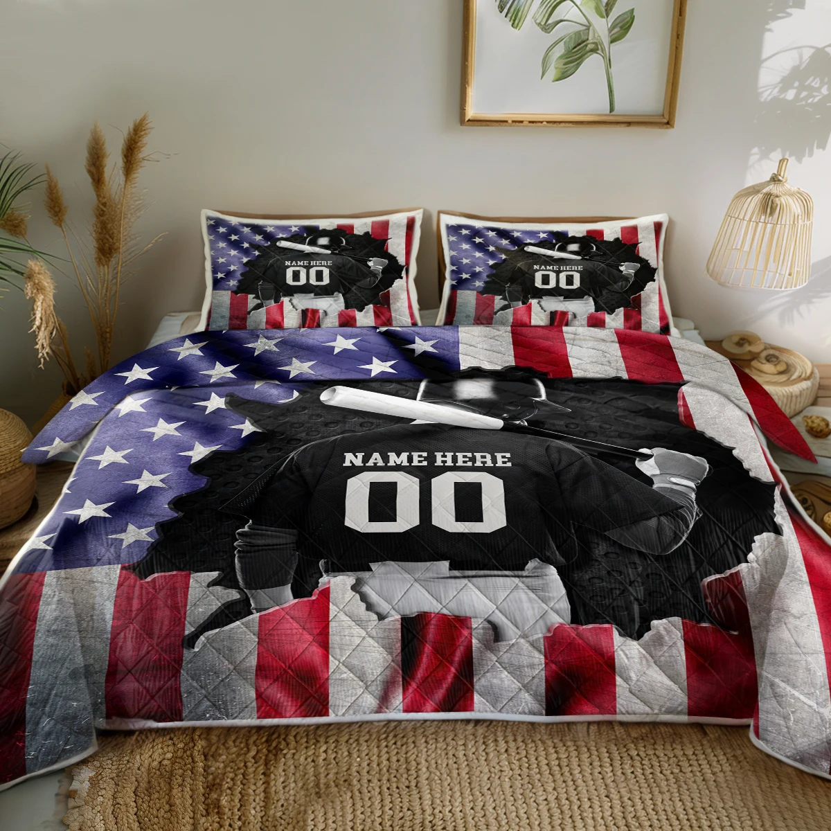 3PCS American Flag and Baseball Design Quilt Set Comforter Set With 2 Pillowcases for Kids and Adults Home Decor