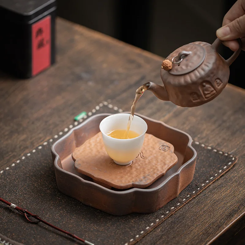 Old Rock Mud Auspicious Cloud Pot Stand Retro Ceramic Tea Drip Tray Dry Brewing Plate for Kung Fu Tea Set Water Storage Base
