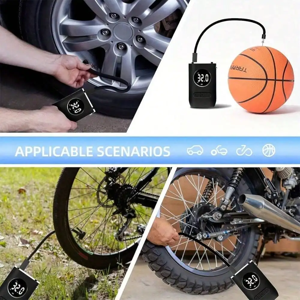 

Portable Mini Electric Car Air Pump - Wireless Digital Display Inflator for Motorcycle/Ball Tires (Handheld)