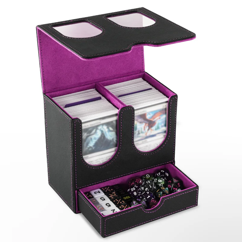 Card Deck Box with Display Window, Holds 200 Double‑Sleeved Cards & Dice Tray, Magnetic Closure PU Leather Card for TCG Cards