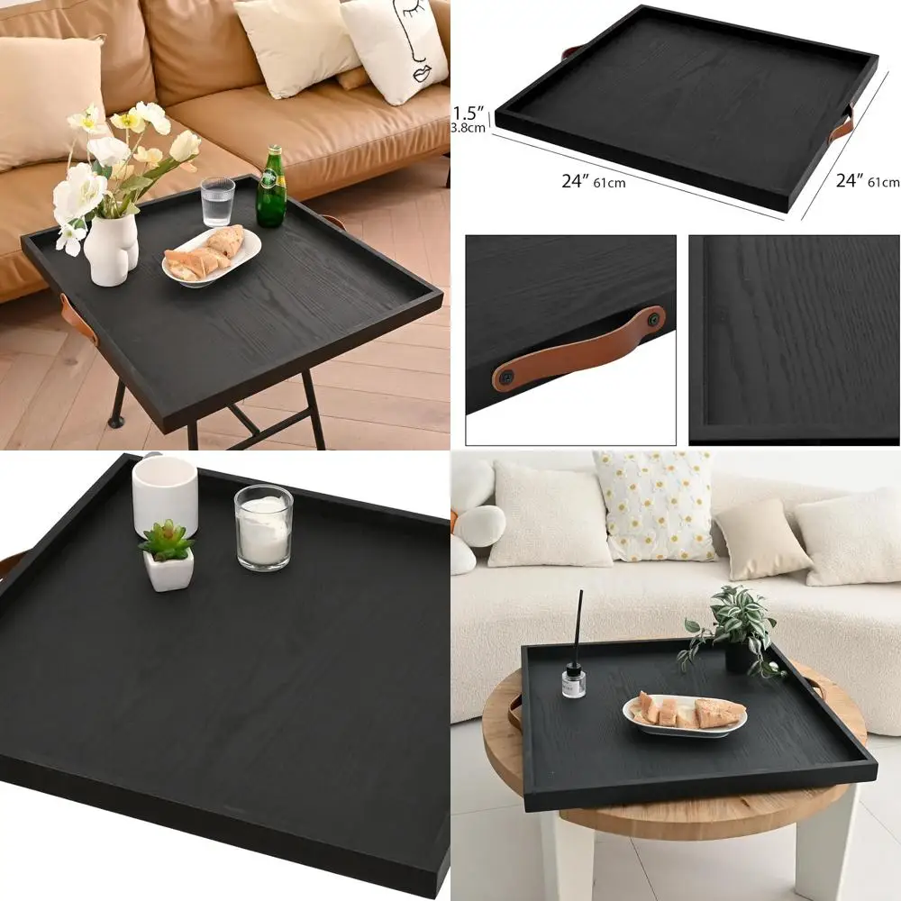 

Large Square Wooden Ottoman Tray with Leather Handles, Natural Finish