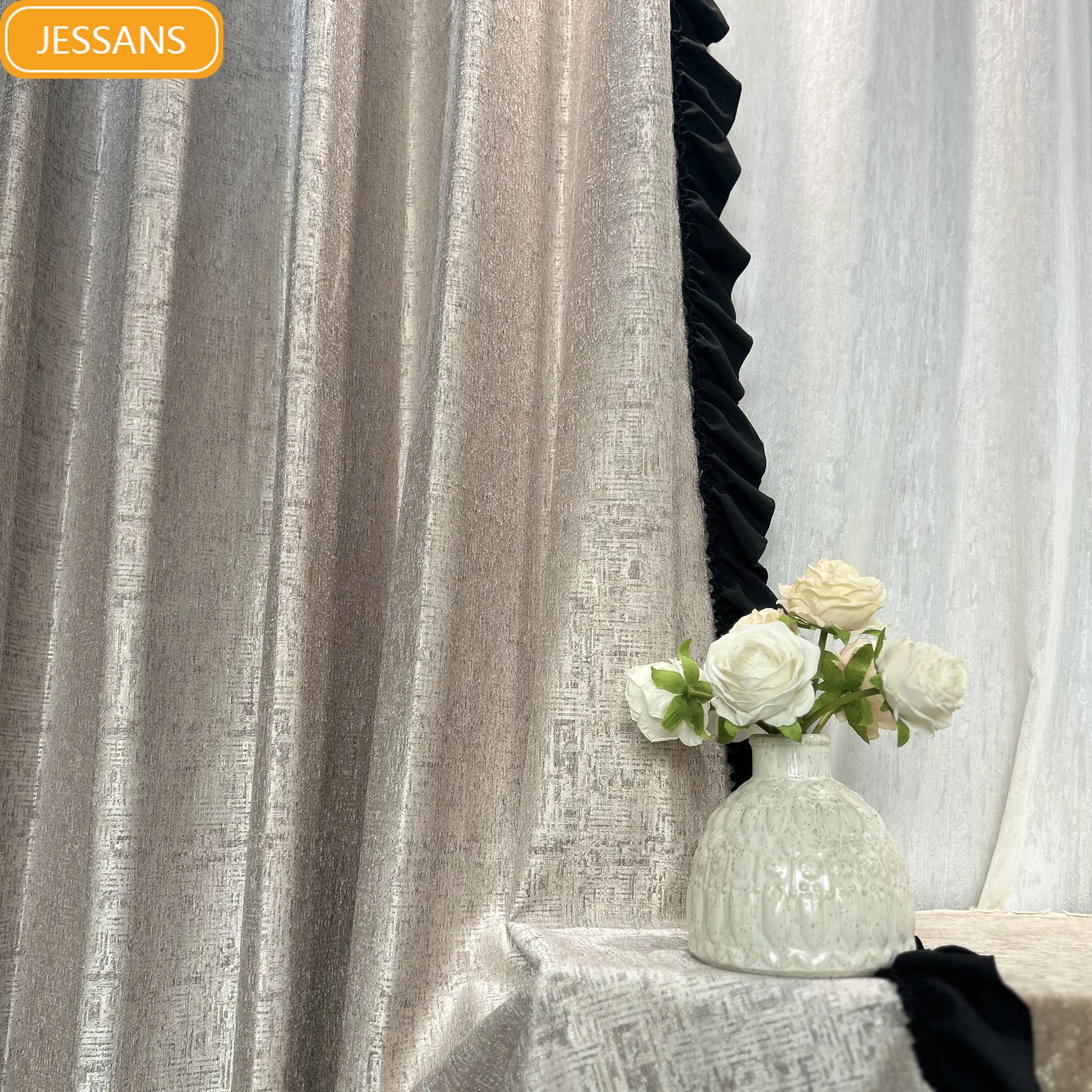 High End Light Luxury Jacquard Champagne Chenille Curtains for Living Room Bedroom Study Lace Splicing Custom Curtains