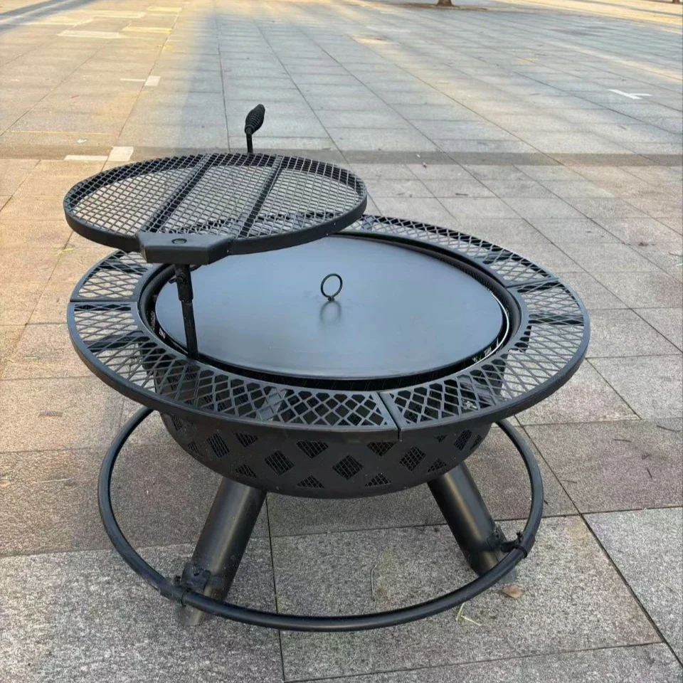 Outdoor Round Fire Pit Grill, Wood Burning Campfire Ring for Patio Heating, Charcoal BBQ Brazier for Garden Backyard