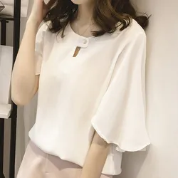 2024 Spring Summer Women Chiffon Shirts Female Fashionable Half Sleeve Pure Color Blouse Office Ladies Leisure Slim Top Clothes