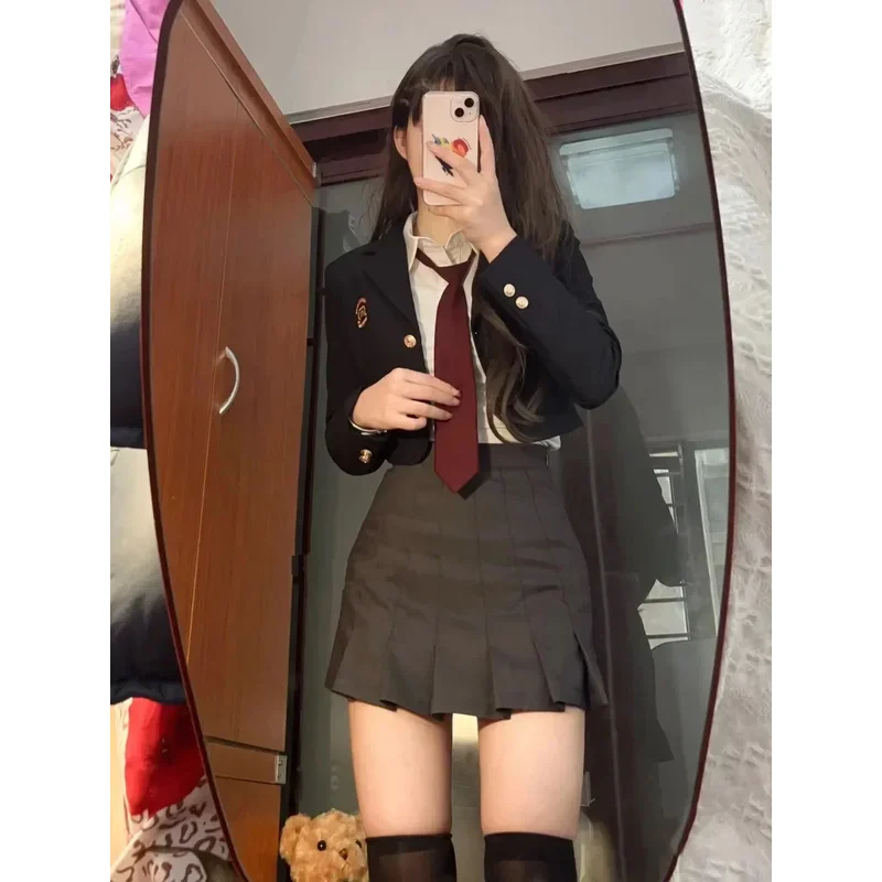 

Daily Korean JK Uniform Set College Style Girls Short Suit Blazer Navy Coat Wrap Hip Skirt Tie Shirt Hot Girl Set Spring Autumn