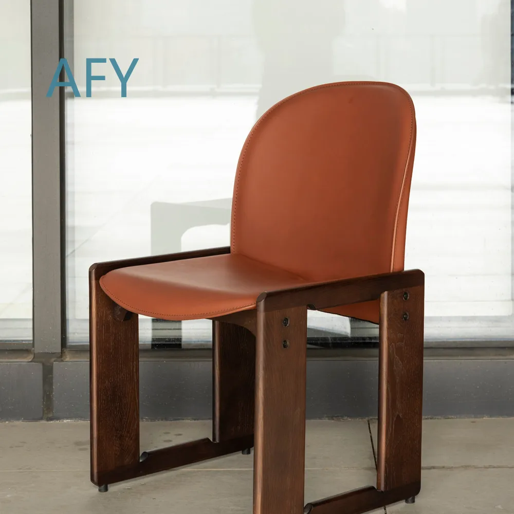 Modern Chinese Style Solid Wood Genuine Leather Dining Chair in Coffee Color with Arched Backrest and Armrests for Home