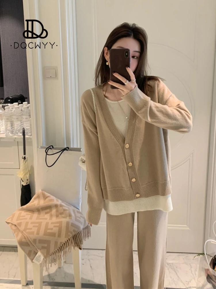 Knit Suit Two Piece Set 2024 New Fall Spring Elegant Solid Color Casual Loose Long Sleeve High Waist Wide Leg Pants Set Outfits
