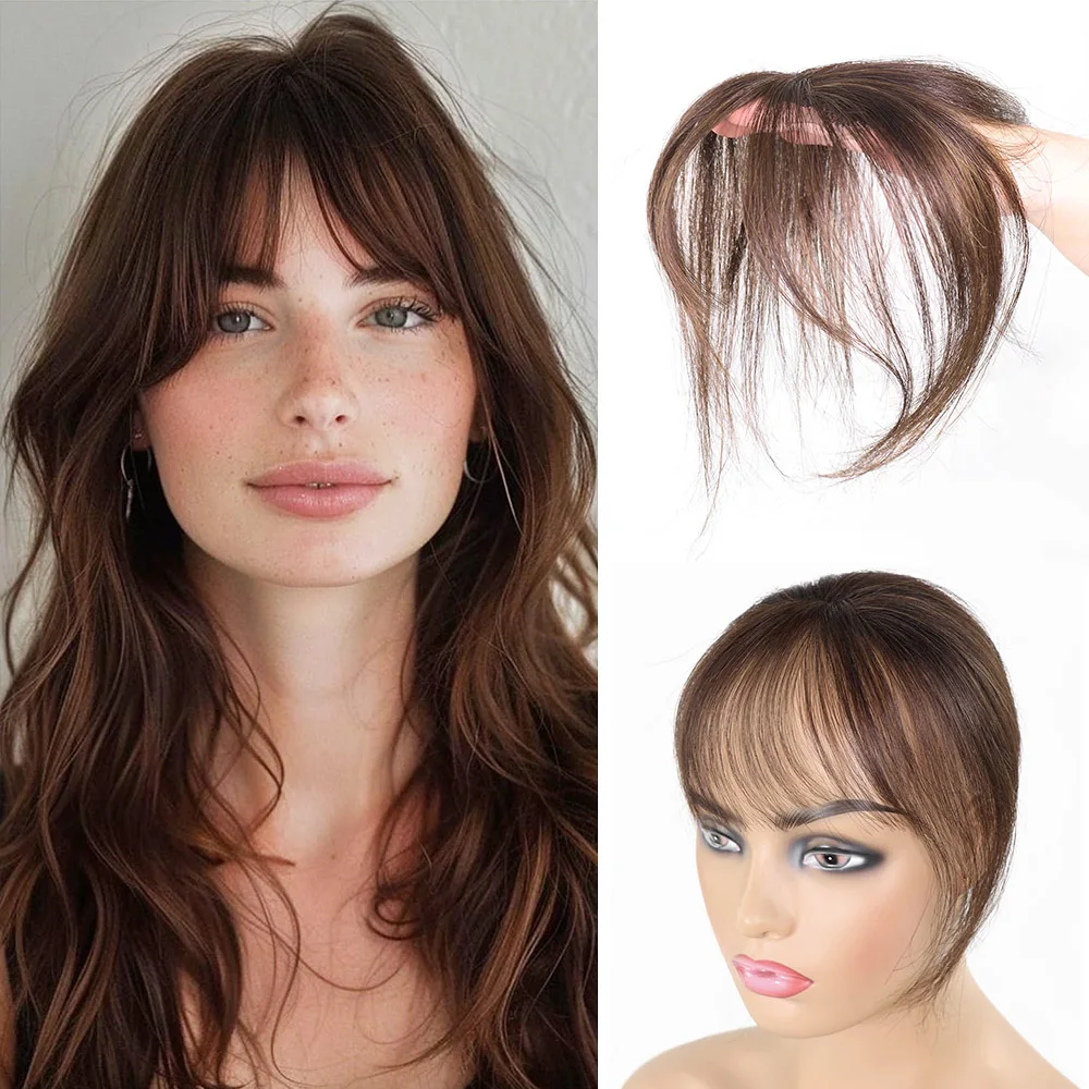 Brązowa grzywka z klipsem 100% prawdziwych ludzkich włosów Wispy French Bangs Fringe z zausznikami Air Bangs dla kobiet Przedłużanie włosów