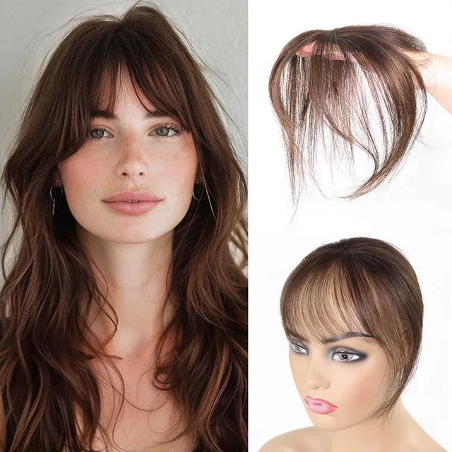 Brązowa grzywka z klipsem 100% prawdziwych ludzkich włosów Wispy French Bangs Fringe z zausznikami Air Bangs dla kobiet Przedłużanie włosów