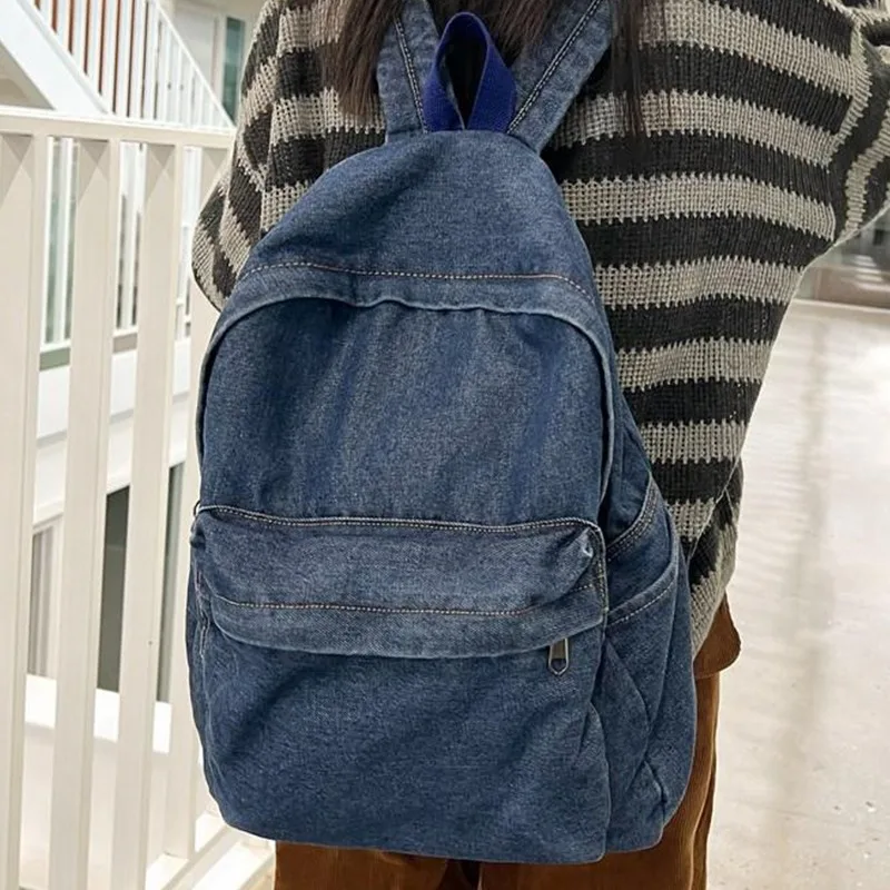 Vintage Washed Denim Backpack Large Capacity School Bag for Women Men Casual Travel Laptop Backpack Multi Pocket Student Daypack