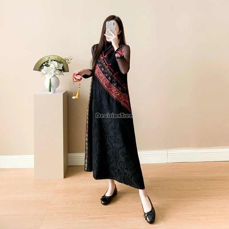 Original ethnic style jacquard cotton linen robe female embroidered retro national dress women't brethable spring/summer dress