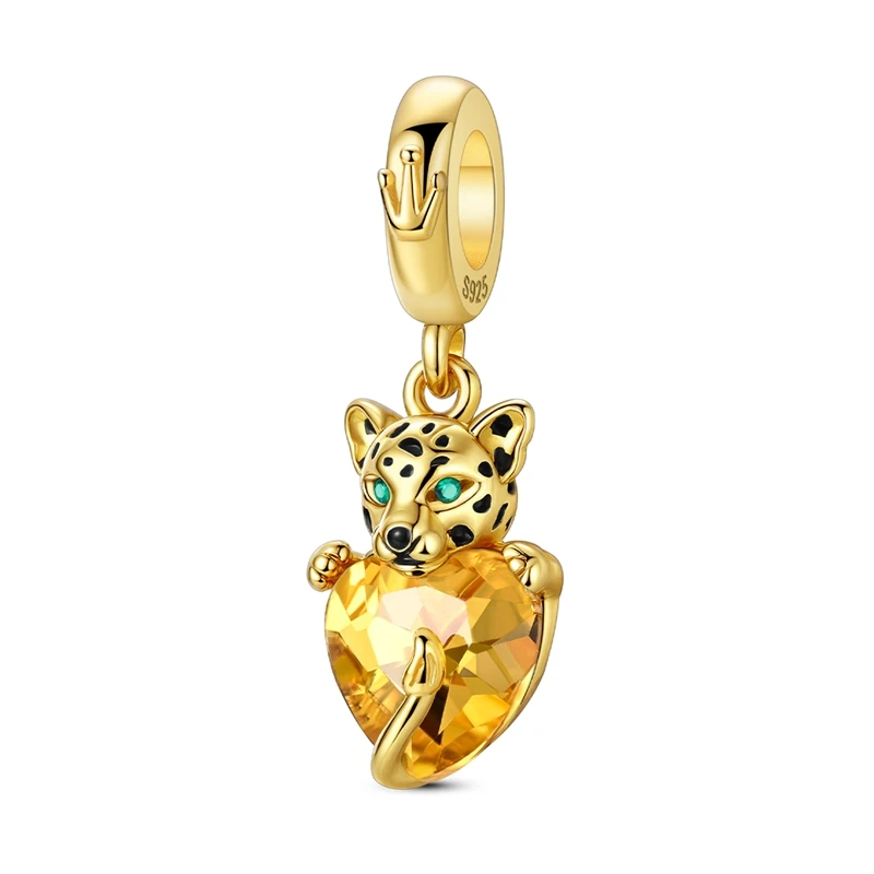 

925 Sterling Silver Golden Milk Leopard Heart Shape Charms Pendant For Women Fit Original Bracelet DIY Jewelry Gifts