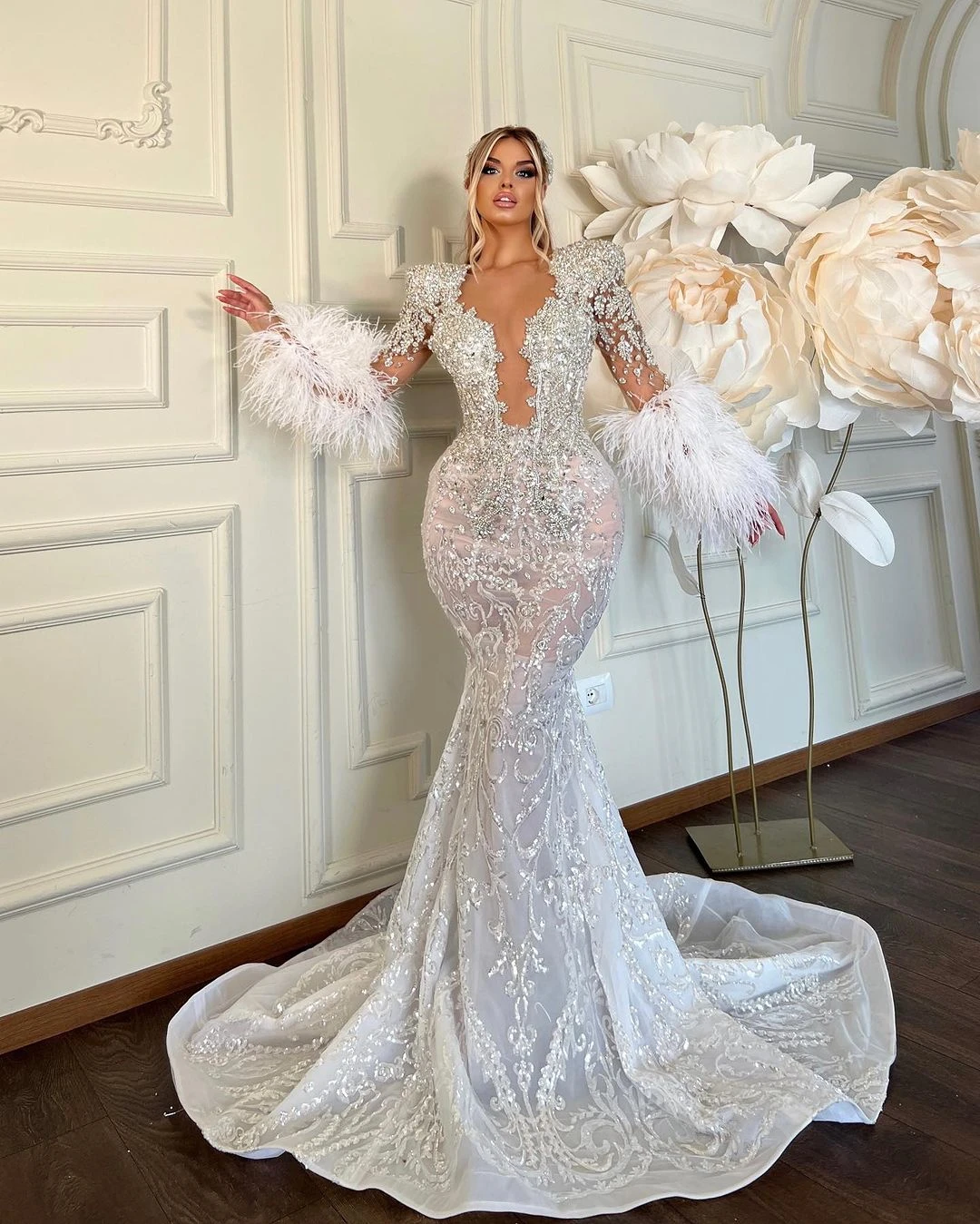 Luxury Mermaid Wedding Dresses For Women Appliques Feather Bridal Gown Long Sleeves Detachable Train Dress vestidos de novia