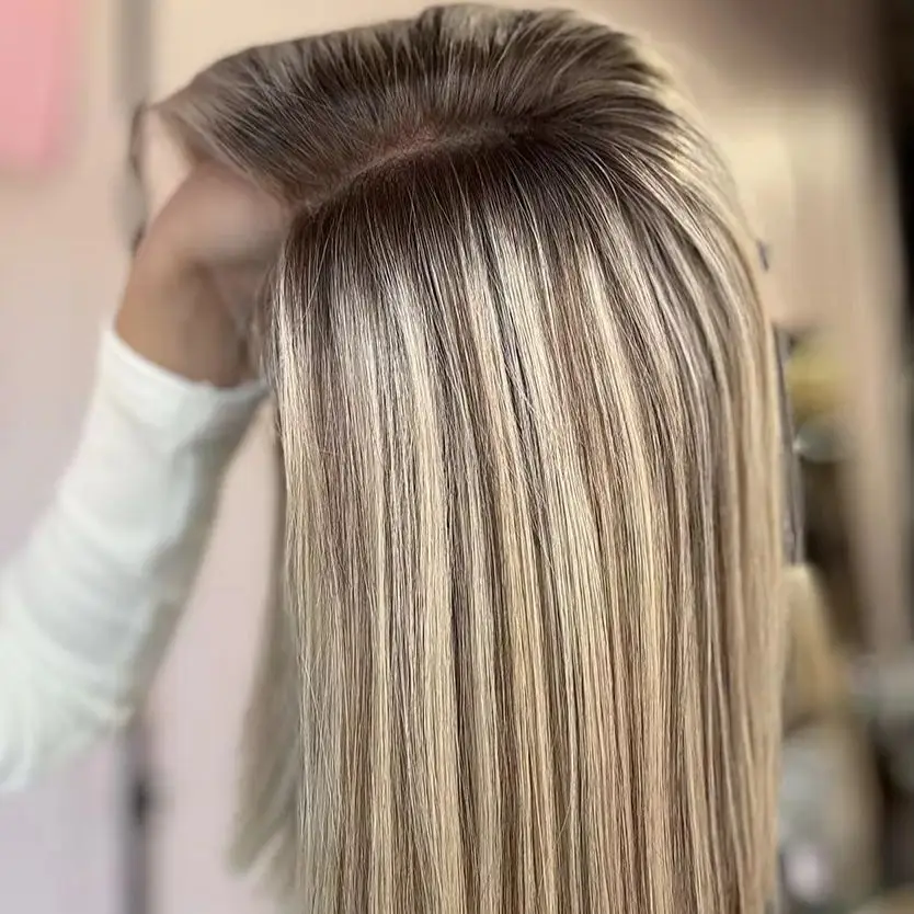 Warm Ash Blonde Synthetic Short Bob Wig with Soft Rooted Straight Wig Natural Hairline Glueless 13x4 Lace Front Wig for Women