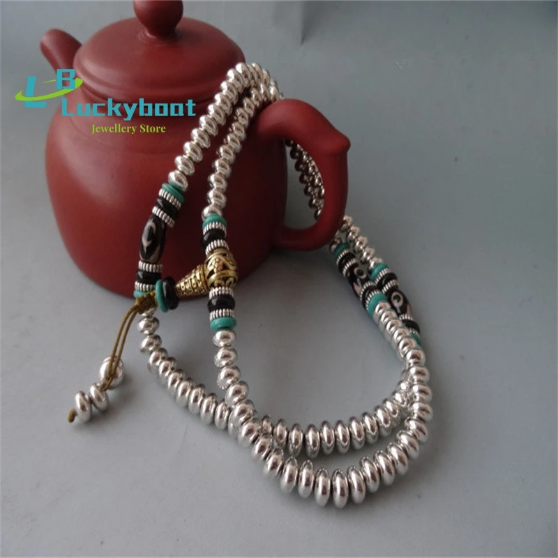 Collectibles White Copper Tibetan Rosary Beads Turquoise Dzi Beads Agate Copper Bracelet Necklace