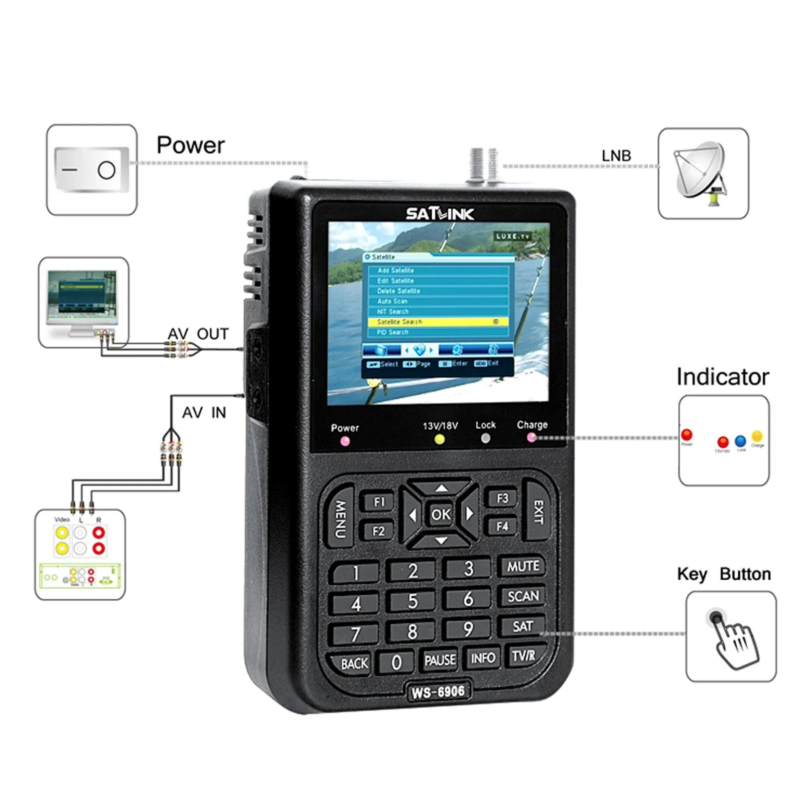 SATLINK WS6906 3.5in LCD Display Data Digital Satellite Signal Finder Meter DVB-S Finder Meter Portable Measuring Instruments