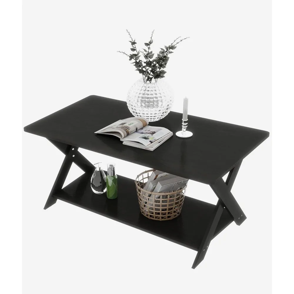 Modern Coffee Table with Storage Shelf, Simple Rectangular Tea Tables for Living Room Bedroom Home Office Black Oak