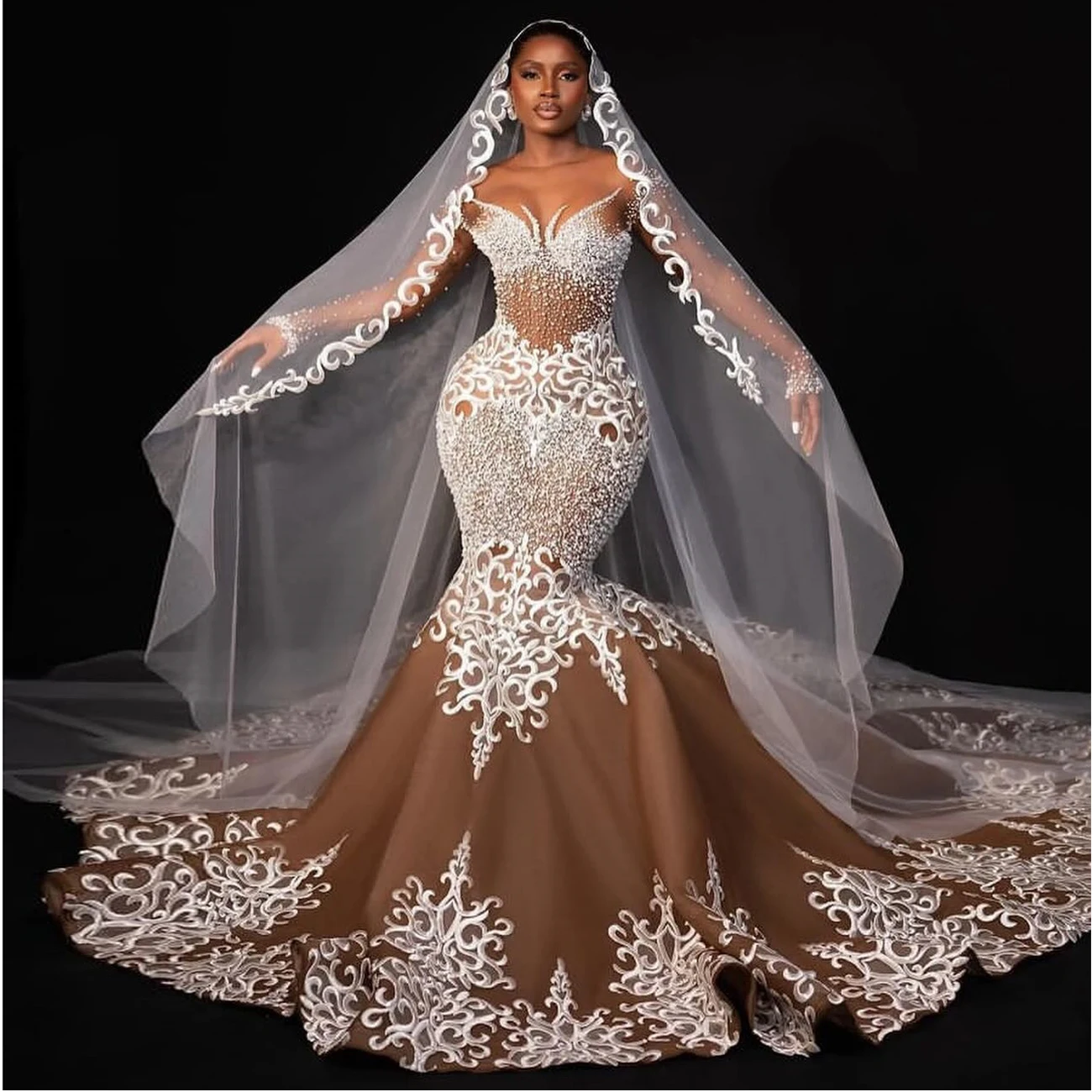 Amazing Beaded Mermaid African Wedding Gown Bridal Dresses 2024 Plus Size Pearls Lace Appliques Wedding Formal Dress Asoebi Gown