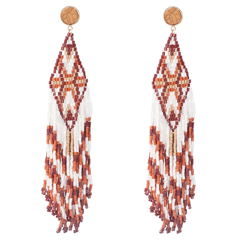 Bohemian Beaded Long Tassel Earrings for Women Handmade Multicolor Beads Statement Dangle Earrings Ethnic Jewelry Red