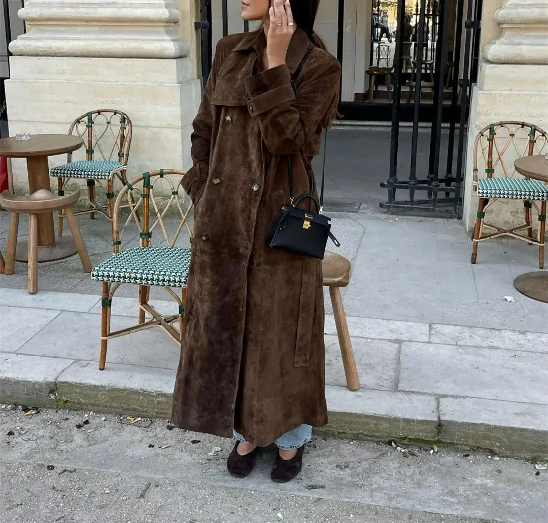

New Fashion Autumn/Winter Casual Long Sleeve Turn-down Collar Double Breasted Solid Color Loose Fit Lace-up Trench For Women