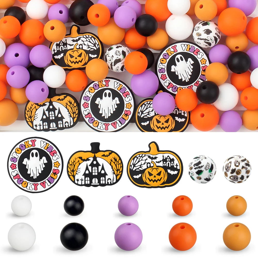 57pcs/Lot Silicone Beads Halloween Ghost Focus Beads Baby Round Beads DIY Pacifier Chain Bracelet Jewelry Handmade Accessories