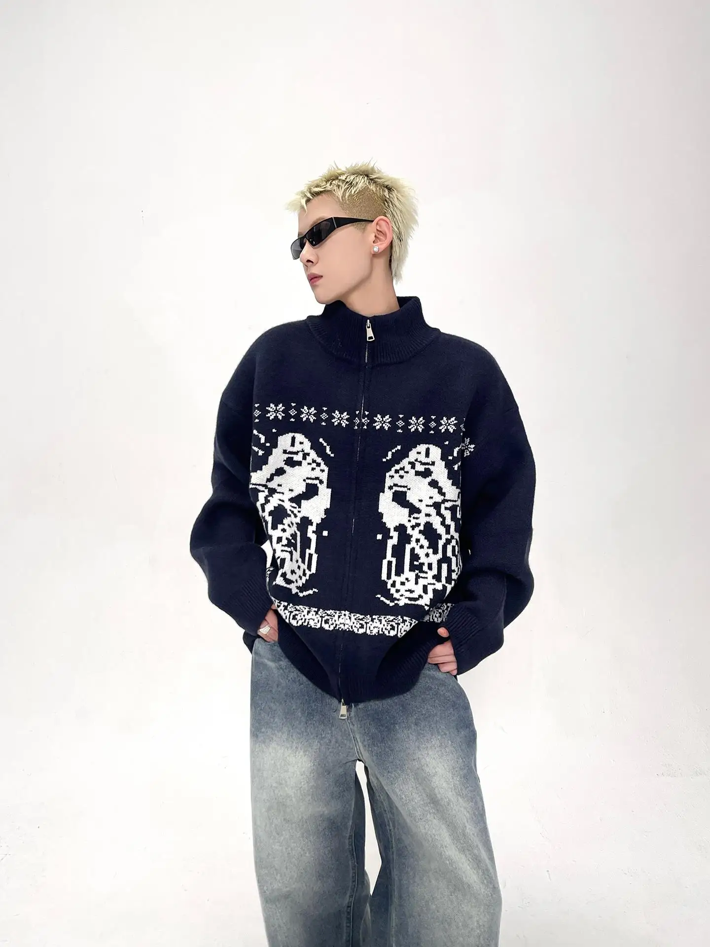 

Heavyweight Autumn Winter f High Ne Knitwear American Sle Double Zipper Open Cardigan Embroidered High Quali Couples...