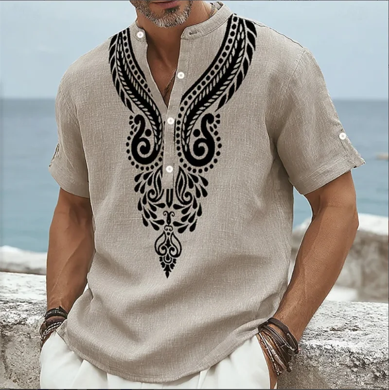 New 3D ethnic style totem printed men's short sleeved shirt linen casual vacation style Henry collar shirt